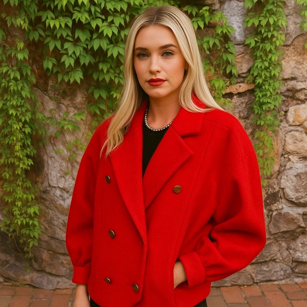 RARE VINTAGE LA FORET Boiled Wool Red Cropped Pea Coat, L